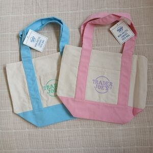 Trader Joe's Pastel Pink and Blue Mini Canvas Tote Bag Set